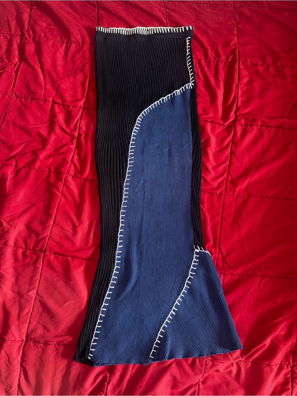 Another Girl Black and Blue Ribbed Maxi Skirt with Contrast Stitching M